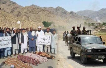 Quetta Hanna Urak clash composite image: Locals with bodies protest TTP militancy (left) and demand justice, as heavily armed security forces in a pickup convoy advance in the Balochistan mountains (right).