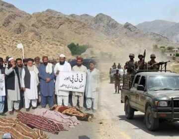 Quetta Hanna Urak clash composite image: Locals with bodies protest TTP militancy (left) and demand justice, as heavily armed security forces in a pickup convoy advance in the Balochistan mountains (right).
