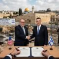 Conceptual image of the permanent US Embassy Jerusalem construction agreement with US and Israeli flags.