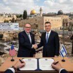 Conceptual image of the permanent US Embassy Jerusalem construction agreement with US and Israeli flags.