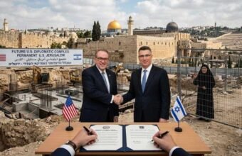 Conceptual image of the permanent US Embassy Jerusalem construction agreement with US and Israeli flags.