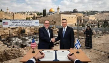 Conceptual image of the permanent US Embassy Jerusalem construction agreement with US and Israeli flags.