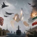 Illustration of military ships, fighter jets, missiles, and regional tensions symbolizing the escalating Iran-US conflict and naval blockade in the Middle East.