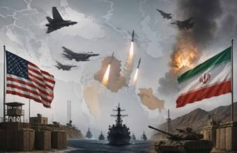 Illustration of military ships, fighter jets, missiles, and regional tensions symbolizing the escalating Iran-US conflict and naval blockade in the Middle East.