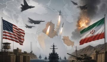 Illustration of military ships, fighter jets, missiles, and regional tensions symbolizing the escalating Iran-US conflict and naval blockade in the Middle East.