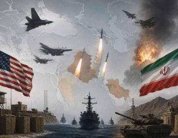 Illustration of military ships, fighter jets, missiles, and regional tensions symbolizing the escalating Iran-US conflict and naval blockade in the Middle East.