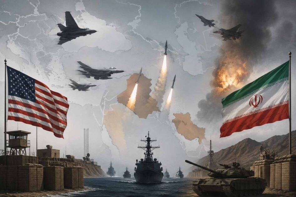 Illustration of military ships, fighter jets, missiles, and regional tensions symbolizing the escalating Iran-US conflict and naval blockade in the Middle East.