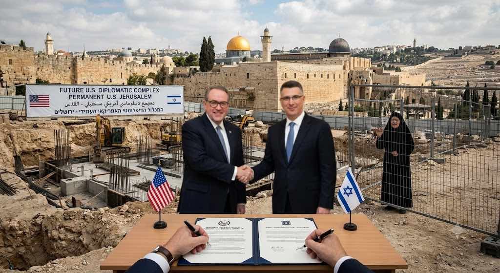 Conceptual image of the permanent US Embassy Jerusalem construction agreement with US and Israeli flags.