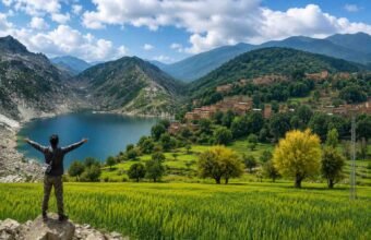 Panoramic view of Wana in Lower South Waziristan, featuring lush green valleys, a peaceful lake, pine-covered mountains, and scenic natural landscapes in Khyber Pakhtunkhwa, Pakistan.
