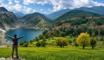 Panoramic view of Wana in Lower South Waziristan, featuring lush green valleys, a peaceful lake, pine-covered mountains, and scenic natural landscapes in Khyber Pakhtunkhwa, Pakistan.