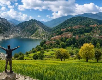 Panoramic view of Wana in Lower South Waziristan, featuring lush green valleys, a peaceful lake, pine-covered mountains, and scenic natural landscapes in Khyber Pakhtunkhwa, Pakistan.