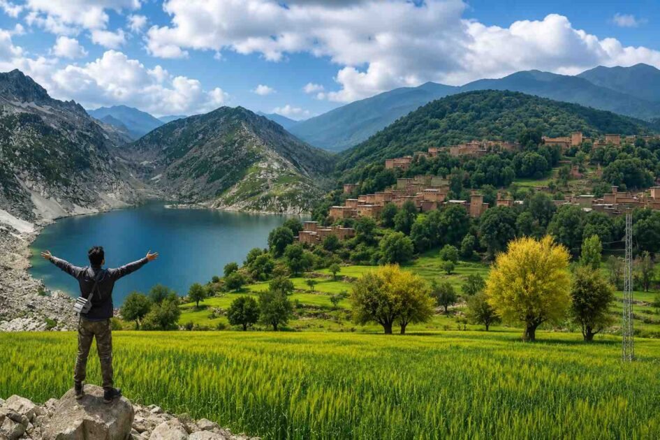 Panoramic view of Wana in Lower South Waziristan, featuring lush green valleys, a peaceful lake, pine-covered mountains, and scenic natural landscapes in Khyber Pakhtunkhwa, Pakistan.