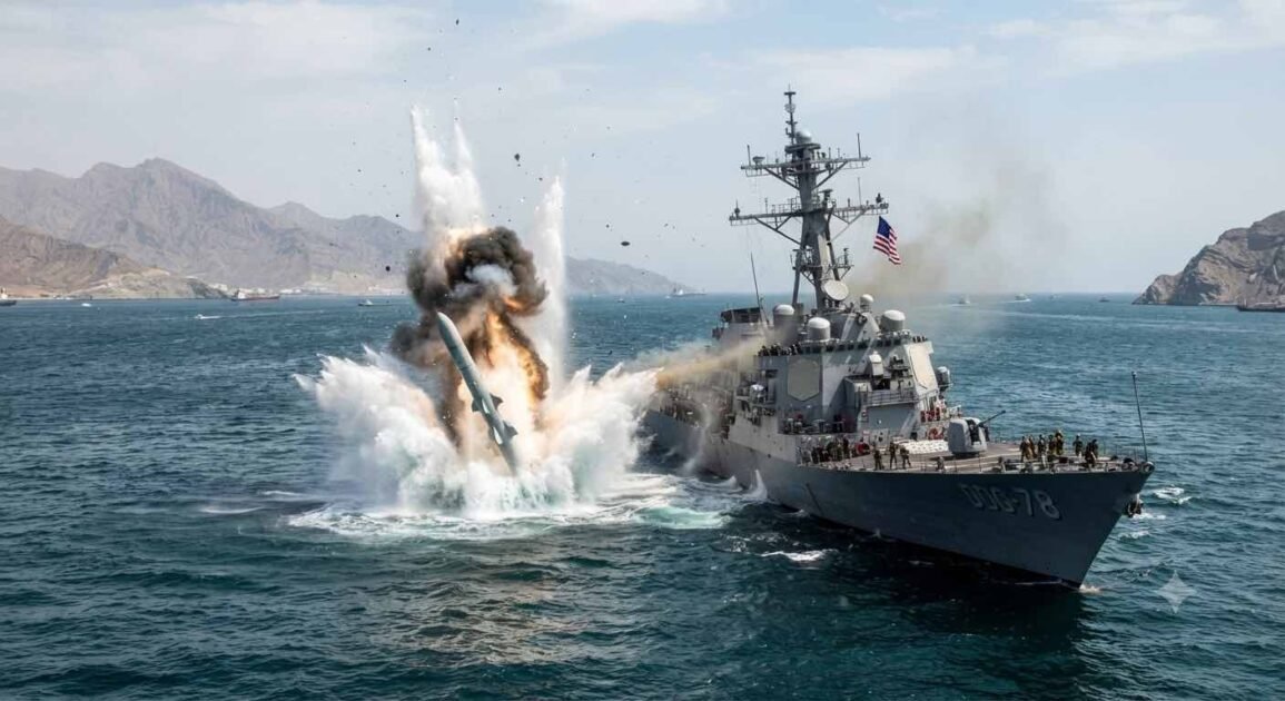 Text: A dramatic explosion erupts in the water directly adjacent to a US Navy Arleigh Burke-class guided-missile destroyer (USS Porter, DDG-78) in the Strait of Hormuz, with rocky coastal mountains visible in the background.
