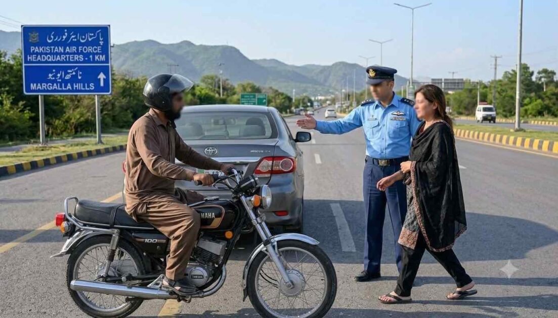 Alt Text: A PAF officer in uniform signaling a distressed woman to safety on an Islamabad highway with a motorcyclist nearby and Margalla Hills in the background.