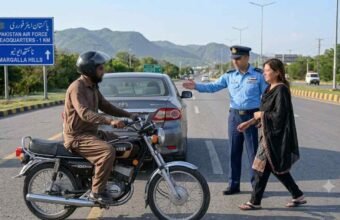 Alt Text: A PAF officer in uniform signaling a distressed woman to safety on an Islamabad highway with a motorcyclist nearby and Margalla Hills in the background.