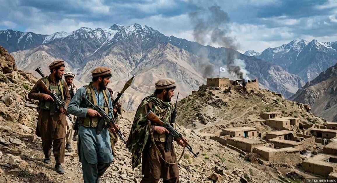 A photojournalist's photograph shows four armed Afghan men in traditional clothing and tactical gear walking along a rocky mountain path. They carry rifles and an RPG. In the background are snow-capped mountains, a village, and smoke rising from a small, damaged fort flying a white Taliban flag. Watermark "THE KHYBER TIMES".
