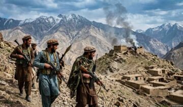 A photojournalist's photograph shows four armed Afghan men in traditional clothing and tactical gear walking along a rocky mountain path. They carry rifles and an RPG. In the background are snow-capped mountains, a village, and smoke rising from a small, damaged fort flying a white Taliban flag. Watermark "THE KHYBER TIMES".