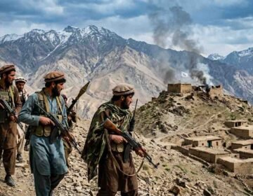 A photojournalist's photograph shows four armed Afghan men in traditional clothing and tactical gear walking along a rocky mountain path. They carry rifles and an RPG. In the background are snow-capped mountains, a village, and smoke rising from a small, damaged fort flying a white Taliban flag. Watermark "THE KHYBER TIMES".