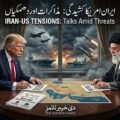 ڈونلڈ ٹرمپ اور آیت اللہ خامنہ ای کے درمیان مذاکرات کی میز پر تناؤ کا منظر، جس کے پس منظر میں سیکیورٹی اور عسکری آمادگی دکھائی گئی ہے۔