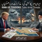 ڈونلڈ ٹرمپ اور آیت اللہ خامنہ ای کے درمیان مذاکرات کی میز پر تناؤ کا منظر، جس کے پس منظر میں سیکیورٹی اور عسکری آمادگی دکھائی گئی ہے۔