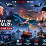 Map-style illustration of the Strait of Hormuz highlighting US-Iran tensions, military activity, and global energy security.