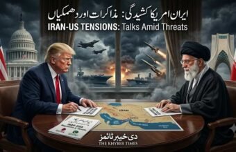 ڈونلڈ ٹرمپ اور آیت اللہ خامنہ ای کے درمیان مذاکرات کی میز پر تناؤ کا منظر، جس کے پس منظر میں سیکیورٹی اور عسکری آمادگی دکھائی گئی ہے۔