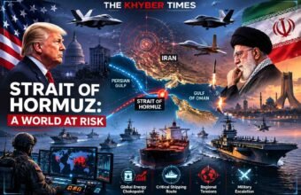 Map-style illustration of the Strait of Hormuz highlighting US-Iran tensions, military activity, and global energy security.