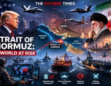 Map-style illustration of the Strait of Hormuz highlighting US-Iran tensions, military activity, and global energy security.