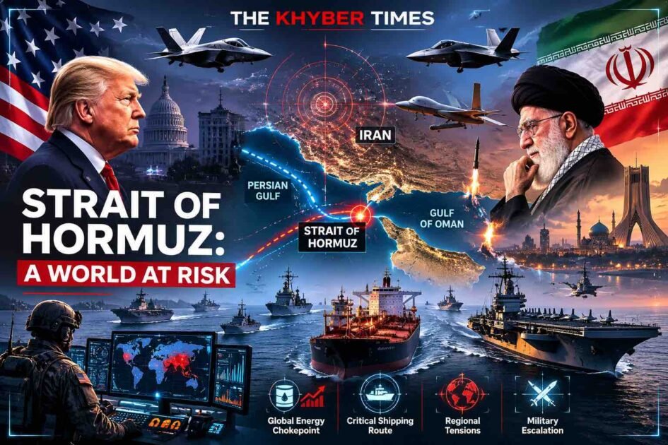 Map-style illustration of the Strait of Hormuz highlighting US-Iran tensions, military activity, and global energy security.