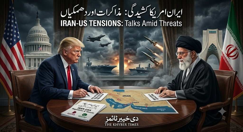 ڈونلڈ ٹرمپ اور آیت اللہ خامنہ ای کے درمیان مذاکرات کی میز پر تناؤ کا منظر، جس کے پس منظر میں سیکیورٹی اور عسکری آمادگی دکھائی گئی ہے۔