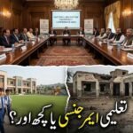 A three-panel investigative feature image for The Khyber Times showcasing the contrast in Pakistan's education system: top panel shows government officials in a luxurious boardroom holding a "National Education Emergency Conference"; bottom-left panel shows clean, smiling elite students at a modern private school; bottom-right panel shows poor, barefoot children sitting in the dirt outside a broken, ruined "Ghost School" building, with Urdu text overlay reading "تعلیمی ایمرجنسی یا کچھ اور؟" (Educational Emergency or Something Else?).