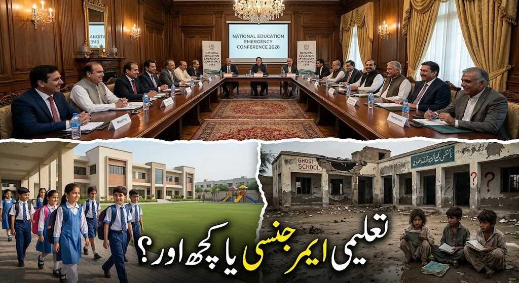 A three-panel investigative feature image for The Khyber Times showcasing the contrast in Pakistan's education system: top panel shows government officials in a luxurious boardroom holding a "National Education Emergency Conference"; bottom-left panel shows clean, smiling elite students at a modern private school; bottom-right panel shows poor, barefoot children sitting in the dirt outside a broken, ruined "Ghost School" building, with Urdu text overlay reading "تعلیمی ایمرجنسی یا کچھ اور؟" (Educational Emergency or Something Else?).