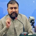 Balochistan Chief Minister Sarfraz Bugti speaking at the 20th National Workshop in Quetta, addressing peace talks within the Constitution of Pakistan, branded by The Khyber Times.