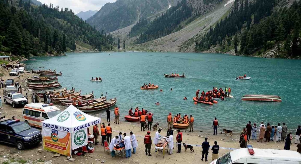 Rescue 1122 emergency response operation at an alpine lake in Swat Valley, showing an overturned tourist boat, rescue inflatable rafts, ambulances, and a medical tent on the shore.