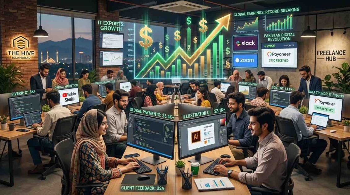 A vibrant digital news graphic showing a modern, collaborative workspace filled with young Pakistani male and female tech professionals and freelancers working on laptops and computers. A large overhead digital display panel highlights the text in Urdu: 'Pakistani Freelancers' New World Record: Crossing 1.76 Billion Dollars Milestone in Digital Economy.' The background windows look out over a beautifully lit city view of Lahore, featuring the Badshahi Mosque at dusk.