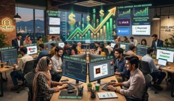 A vibrant digital news graphic showing a modern, collaborative workspace filled with young Pakistani male and female tech professionals and freelancers working on laptops and computers. A large overhead digital display panel highlights the text in Urdu: 'Pakistani Freelancers' New World Record: Crossing 1.76 Billion Dollars Milestone in Digital Economy.' The background windows look out over a beautifully lit city view of Lahore, featuring the Badshahi Mosque at dusk.