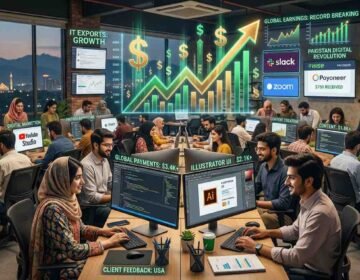 A vibrant digital news graphic showing a modern, collaborative workspace filled with young Pakistani male and female tech professionals and freelancers working on laptops and computers. A large overhead digital display panel highlights the text in Urdu: 'Pakistani Freelancers' New World Record: Crossing 1.76 Billion Dollars Milestone in Digital Economy.' The background windows look out over a beautifully lit city view of Lahore, featuring the Badshahi Mosque at dusk.