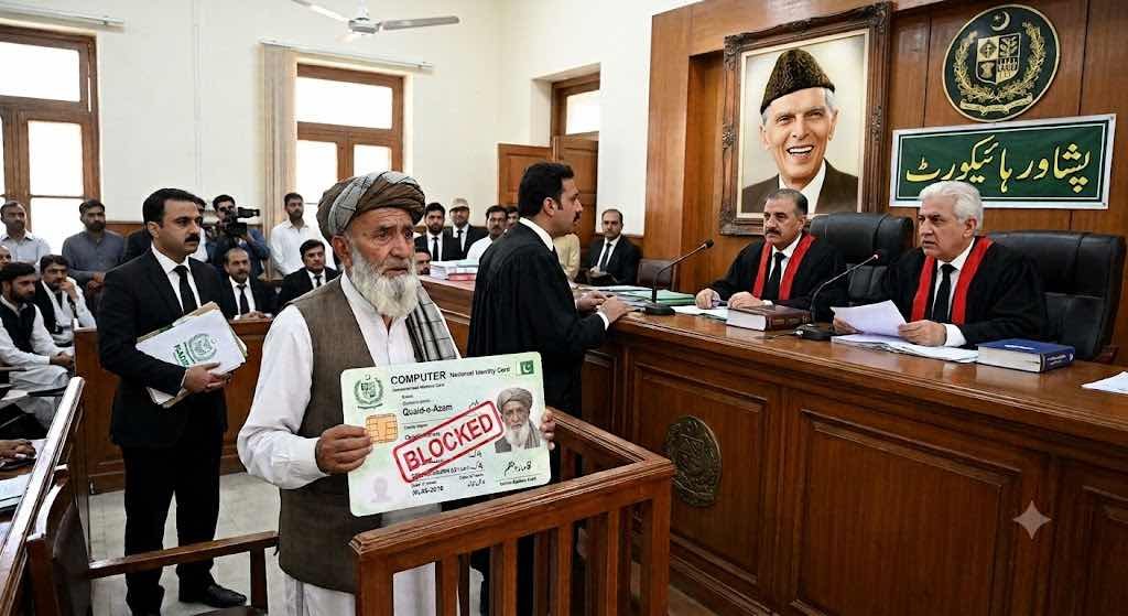 Illustrative image of a citizen named Quaid-e-Azam appearing before the Peshawar High Court after NADRA blocked his CNIC.