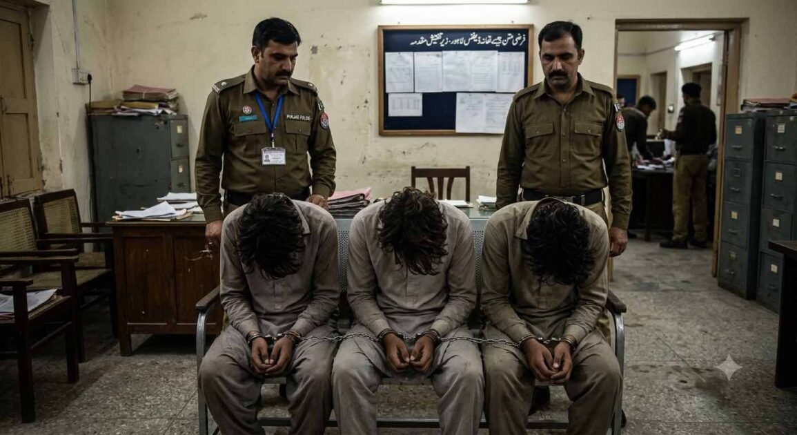 An image of three handcuffed men sitting with their heads bowed in a police station investigation room, flanked by two uniformed police officers.