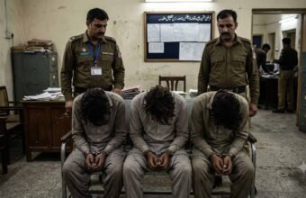 An image of three handcuffed men sitting with their heads bowed in a police station investigation room, flanked by two uniformed police officers.