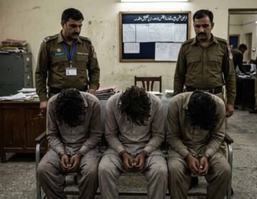 An image of three handcuffed men sitting with their heads bowed in a police station investigation room, flanked by two uniformed police officers.