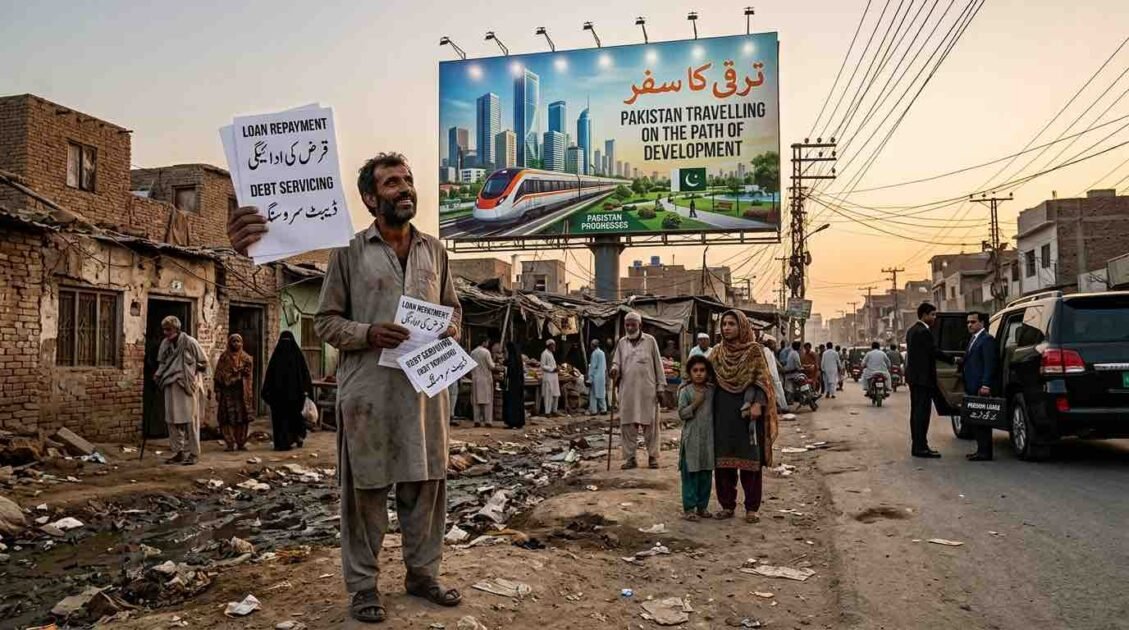 A poor Pakistani man holding a utility bill looks up ironically at a massive government billboard claiming economic development, showcasing the stark contrast of the debt crisis.