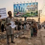 A poor Pakistani man holding a utility bill looks up ironically at a massive government billboard claiming economic development, showcasing the stark contrast of the debt crisis.