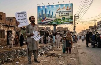 A poor Pakistani man holding a utility bill looks up ironically at a massive government billboard claiming economic development, showcasing the stark contrast of the debt crisis.