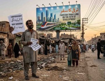A poor Pakistani man holding a utility bill looks up ironically at a massive government billboard claiming economic development, showcasing the stark contrast of the debt crisis.