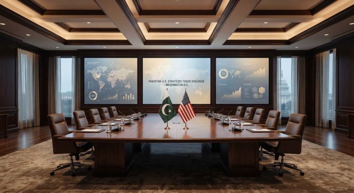 "A luxurious, empty conference room set up for the Pakistan-US Strategic Trade Dialogue in Washington D.C., featuring a wooden table with the flags of Pakistan and the United States, and large digital screens displaying global economic data."