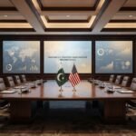 "A luxurious, empty conference room set up for the Pakistan-US Strategic Trade Dialogue in Washington D.C., featuring a wooden table with the flags of Pakistan and the United States, and large digital screens displaying global economic data."