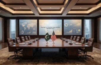 "A luxurious, empty conference room set up for the Pakistan-US Strategic Trade Dialogue in Washington D.C., featuring a wooden table with the flags of Pakistan and the United States, and large digital screens displaying global economic data."