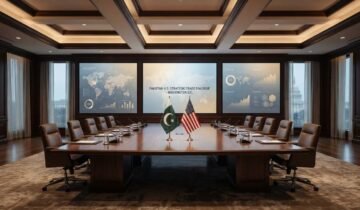 "A luxurious, empty conference room set up for the Pakistan-US Strategic Trade Dialogue in Washington D.C., featuring a wooden table with the flags of Pakistan and the United States, and large digital screens displaying global economic data."