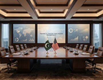 "A luxurious, empty conference room set up for the Pakistan-US Strategic Trade Dialogue in Washington D.C., featuring a wooden table with the flags of Pakistan and the United States, and large digital screens displaying global economic data."
